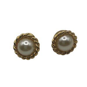 KJL Kenneth J Lane Gold Tone Faux Pearl Stud Earrings Rope Twist Domed Vintage